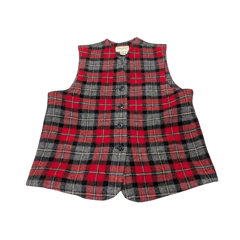 Eddie Bauer Vest Womens LP Red Grey Wool Blend Plaid Button Front Cabin Heritage